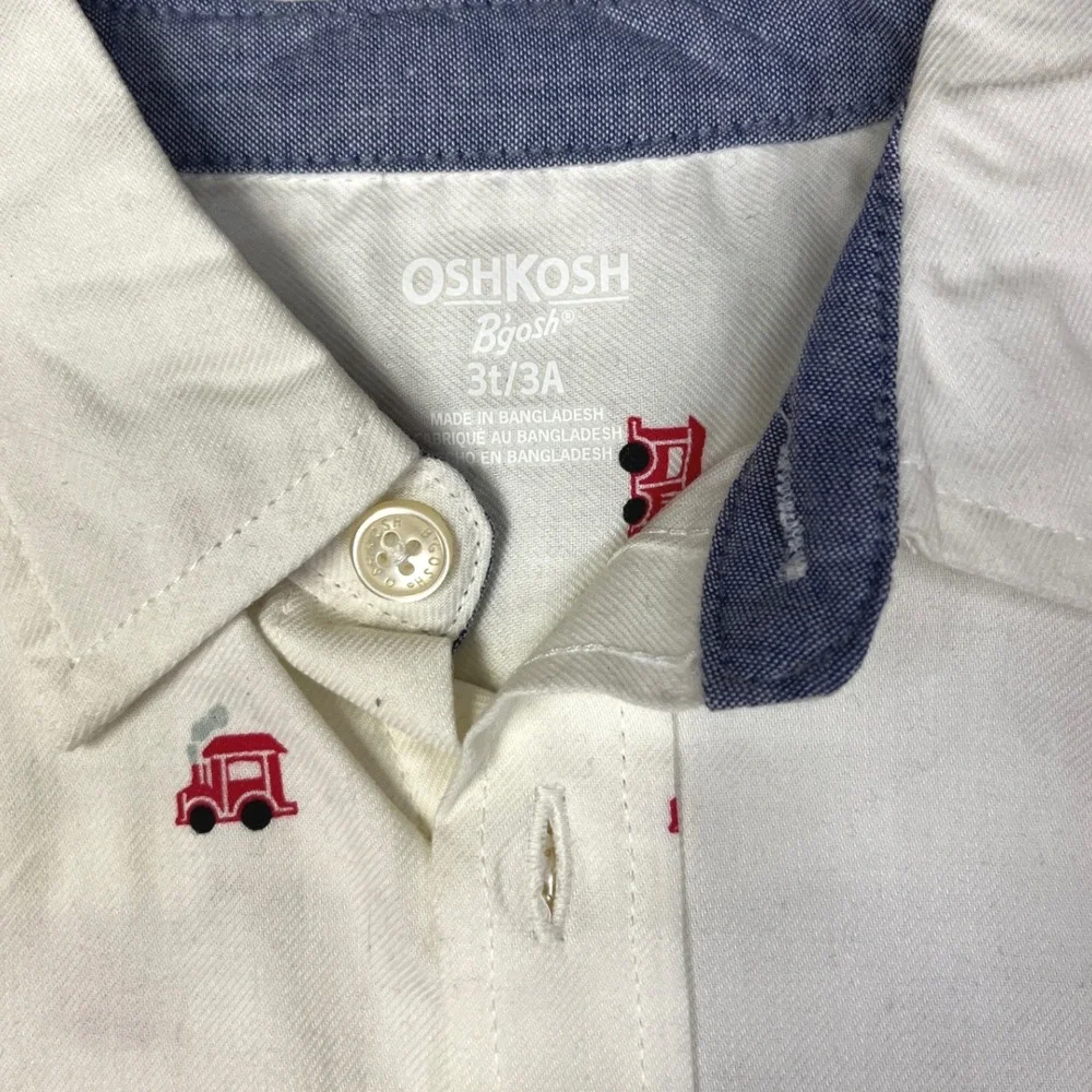 OshKosh B'gosh Toddler Boys White Red Train Print Button Down Shirt 3T NEW